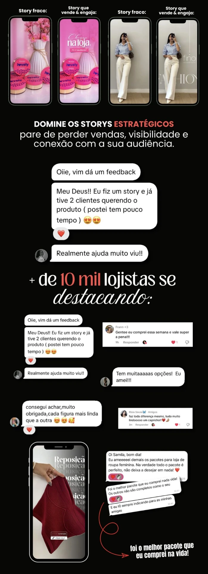 Depoimentos de lojistas e comparação de stories antes e depois